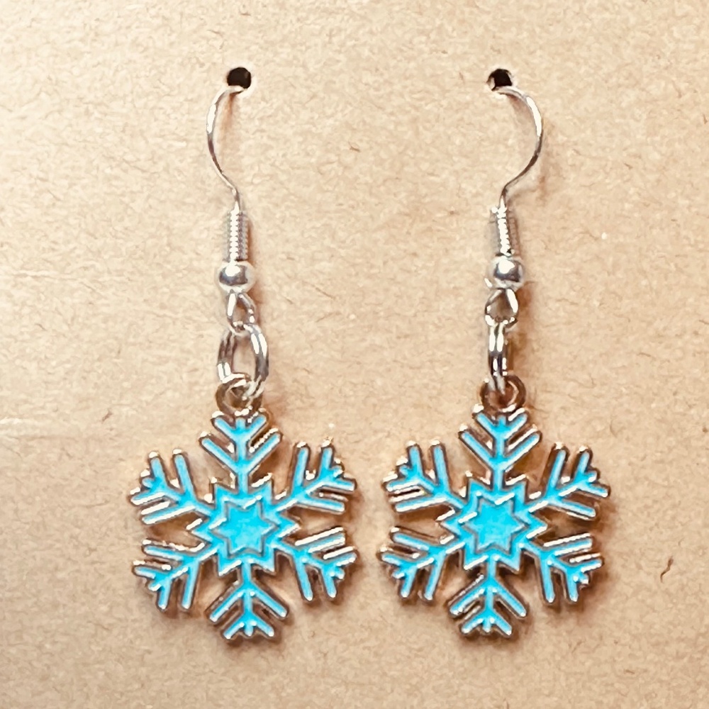 Handmade Blue Snowflake Earrings Gold Tone Enamel Christmas Stainless Steel Hook